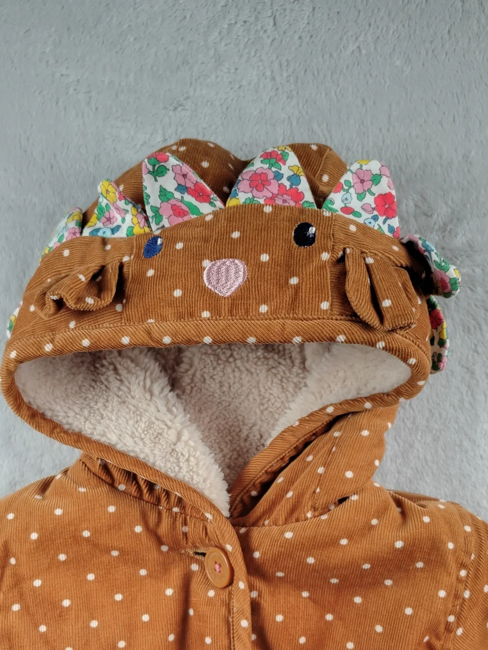 Baby Boden Brown Corduroy Hedgehog Jacket with White Polka Dots Size 6-9 Months